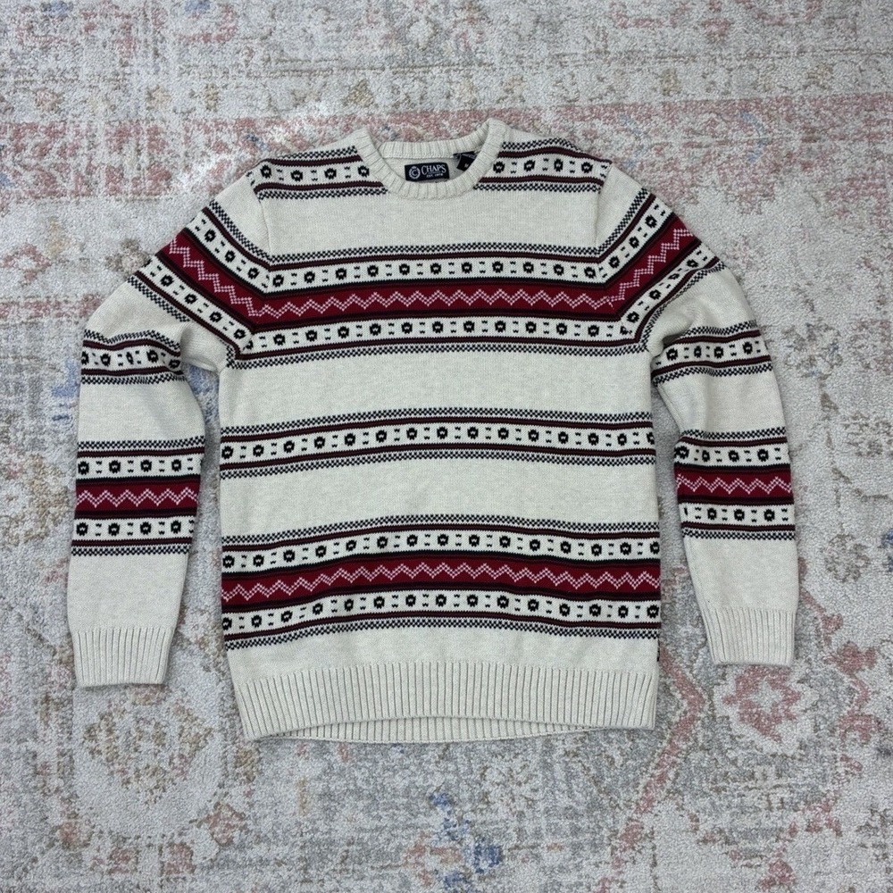 90's Chaps Ralph Lauren Fair Isle Sweater Mens M Cream Red Nordic Knit